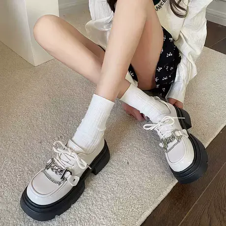 厚底乐福鞋女2024新款时尚圆头系带高跟单鞋复古英伦风粗跟小皮鞋商品大图