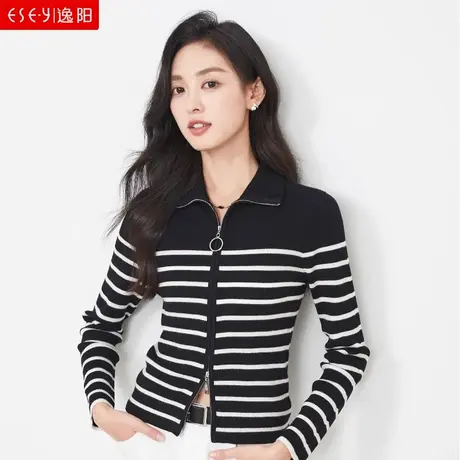 逸阳撞色条纹拉链针织2024春季新款休闲舒适显瘦上衣3582图片