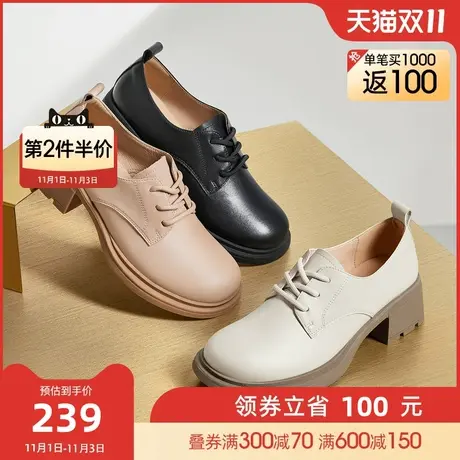 骆驼女鞋2023秋季新款复古英伦风小皮鞋女真皮玛丽珍鞋粗跟单鞋女图片