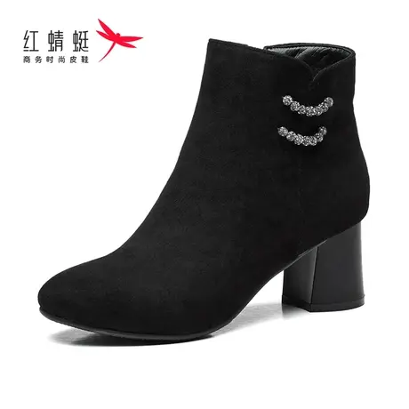 红蜻蜓女鞋短靴加绒粗跟高跟时尚保暖水钻侧拉链靴子百搭舒适女靴商品大图