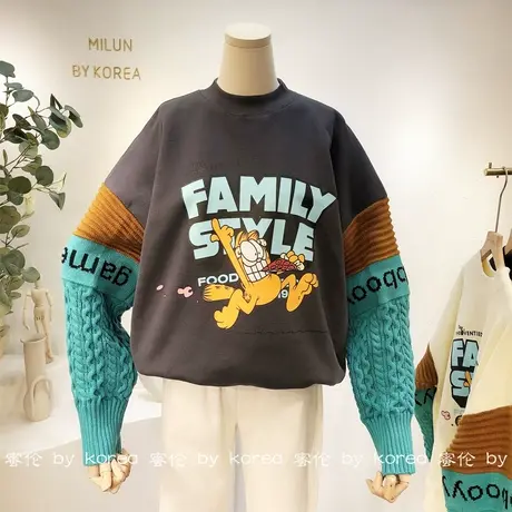 针织毛衣袖加绒卫衣2020秋冬款韩国东大门洋气宽松大码加厚外套女商品大图