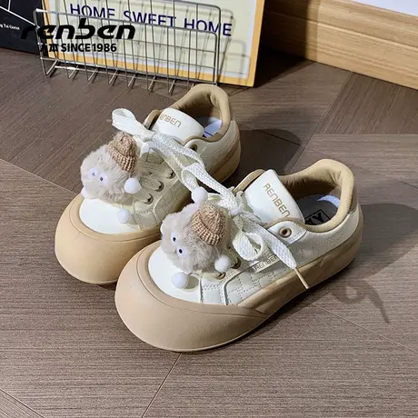 人本小白鞋女2025春秋新款大头面包鞋小个子厚底丑萌可爱休闲板鞋商品大图