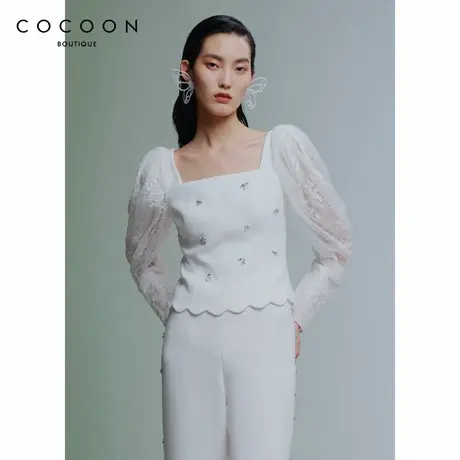 可可尼COCOON商场同款时尚上衣2024新款女方领拼接设计短款针织衫图片