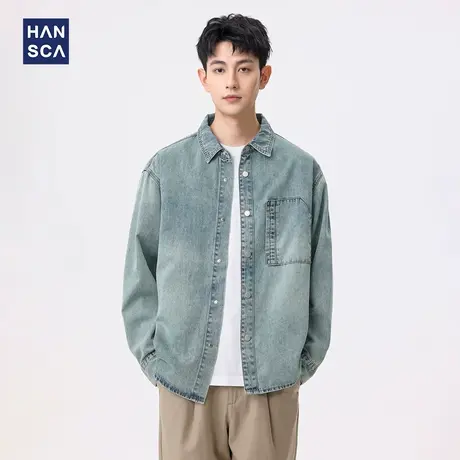 hansca复古莱赛尔天丝牛仔衬衫男2025年春季口袋规则设计休闲衬衣图片