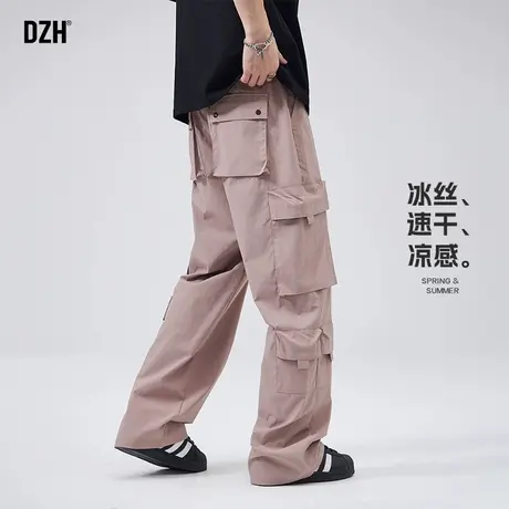 男士冰丝粉色工装裤男夏薄款机能风多口袋裤子直筒宽松户外伞兵裤商品大图