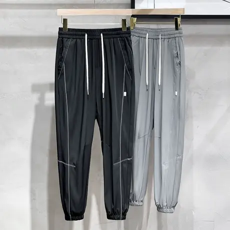 抽绳束脚裤男九分运动裤冰丝松紧腰裤子男士休闲裤夏季薄款潮牌商品大图