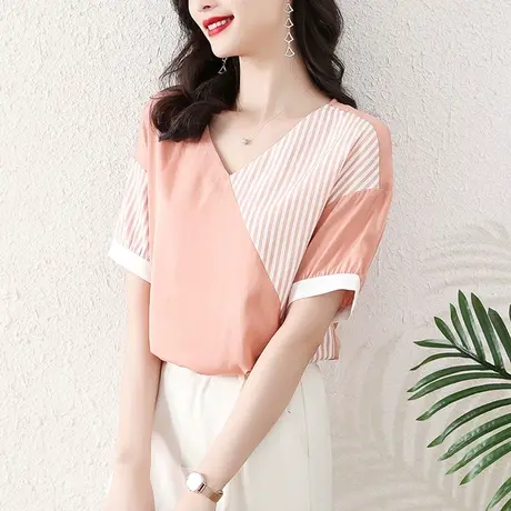 时尚简约条纺短袖衬衫女2023年夏季新款雪纺小衫设计感小众女上衣图片