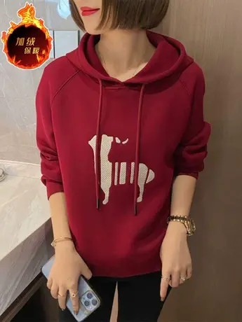 欧货连帽休闲加绒加厚卫衣女宽松减龄2023秋冬小羊抽象画长袖上衣图片