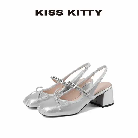 KISSKITTY银色玛丽珍凉鞋女款2025夏季新款真皮粗跟单鞋女高跟鞋商品大图