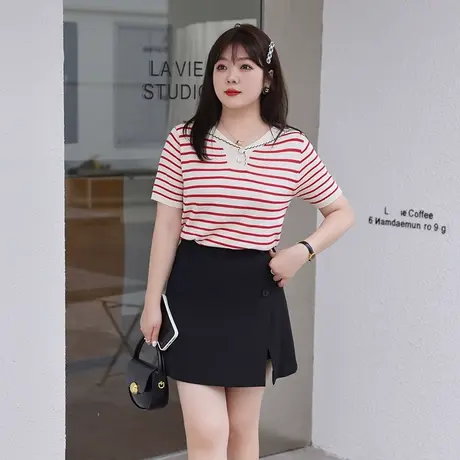 大码女装气质海军领条纹宽松上衣胖mm夏季显瘦短袖T恤2023年新款图片