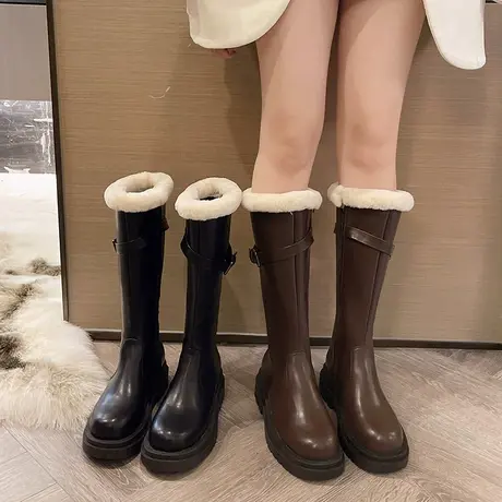 永希长筒靴女2023秋冬季新款高级时尚洋气单靴厚底增高加绒骑士靴图片