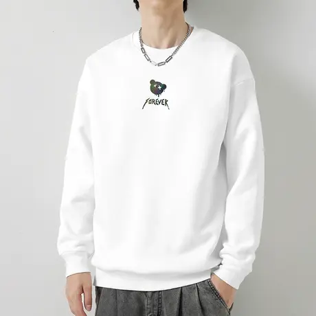 380g重磅纯棉卫衣男2023新款摇粒绒潮流小熊印花白色圆领无帽长袖商品大图