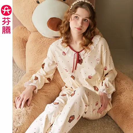 芬腾睡衣女春秋季纯棉长袖套装卡通布朗熊可爱休闲全棉宽松家居服商品大图