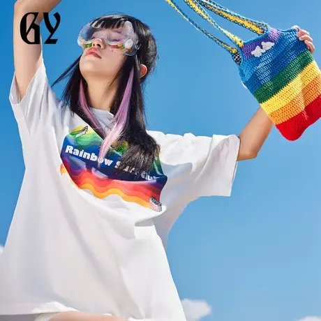 雅戈尔奥莱 GY男装夏季跳色图案印花微落肩廓形舒适亲肤男士短袖商品大图