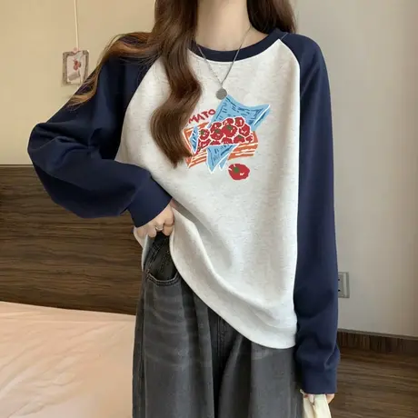 插肩袖无帽卫衣女春秋薄款韩版宽松BF慵懒风撞色拼接长袖上衣服潮商品大图