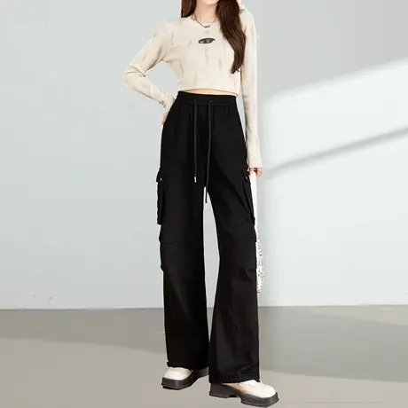 美式休闲工装裤女2025春秋新款高腰宽松显瘦松紧腰登山阔腿运动裤商品大图