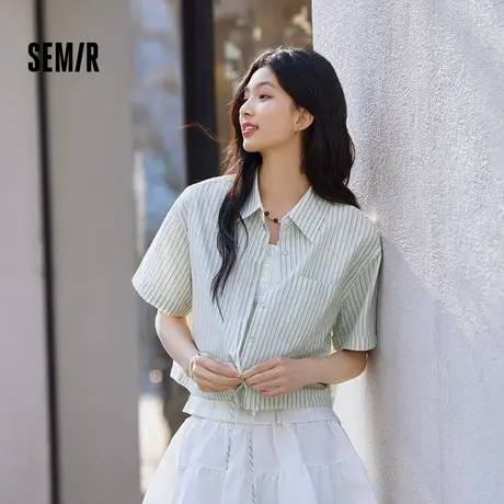 森马中袖衬衫短款条纹宽松慵懒风夏季抽绳仿麻衬衣XY图片