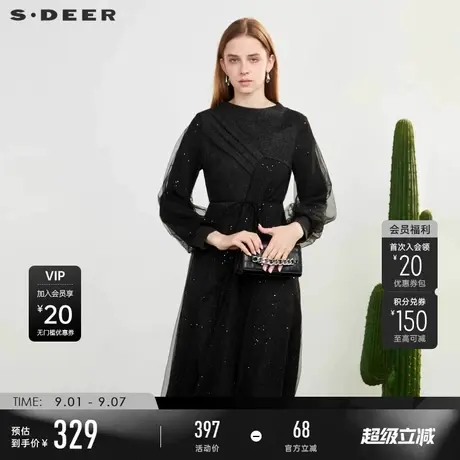 sdeer圣迪奥春秋装女装圆领网纱灯笼袖连衣裙S231Z1204图片