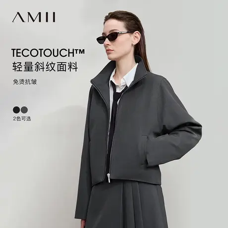 Amii2025秋新款极简miu系学院风宽松翻领拉链正肩皮牌纯色外套商品大图