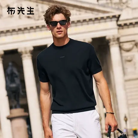 MrBu布先生黑色圆领短袖羊毛衫男2025秋新款印花毛t可机洗PT16702商品大图