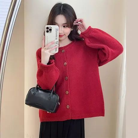 唐狮秋冬季女毛衣氛围感简约款圆领开衫红色系显白显气色tu商品大图
