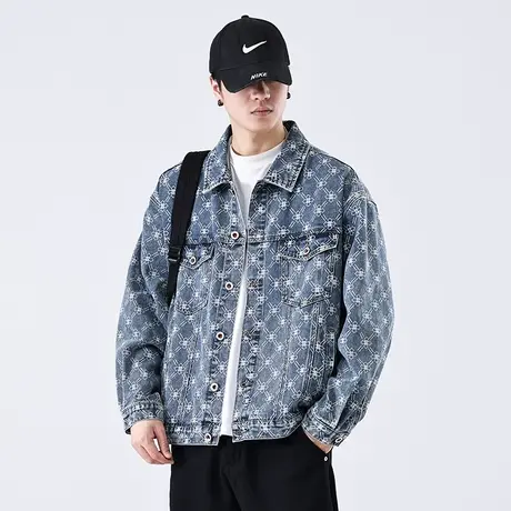 日系复古秋冬季男装牛仔夹克宽松提花满印翻领外套短款潮牌上衣服商品大图