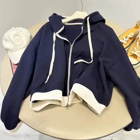 撞色卫衣女春秋薄款连帽2023新款宽松小个子短款开衫上衣潮牌外套商品大图