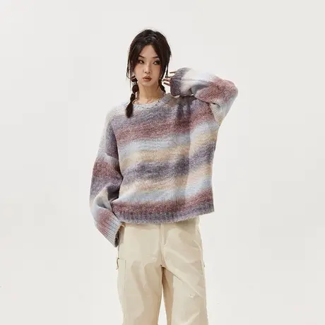 YEP慵懒风咖啡色条纹软糯毛衣女短款秋冬套头复古毛毛针织衫多色商品大图