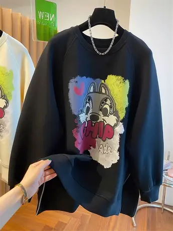 欧货兔子印花卫衣女秋今年流行宽松漂亮大版显瘦下摆拉链开叉上衣商品大图