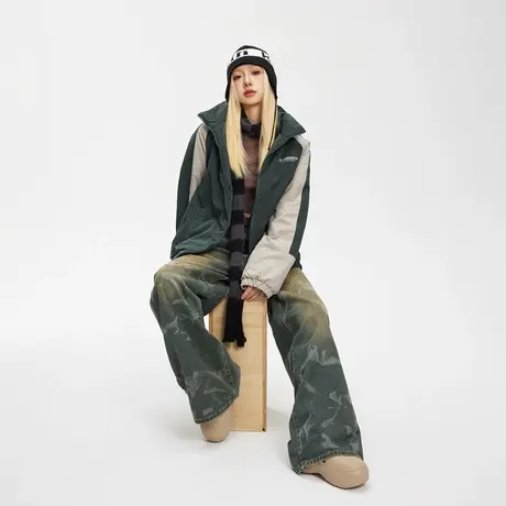 潮牌拼接立领保暖棉服女冬季加厚羊羔毛外套2023新款复古宽松棉衣商品大图