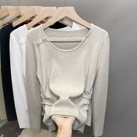 圆领毛衣女抽褶打底衫2023秋冬新款套头外穿针织衫洋气内搭上衣潮商品大图