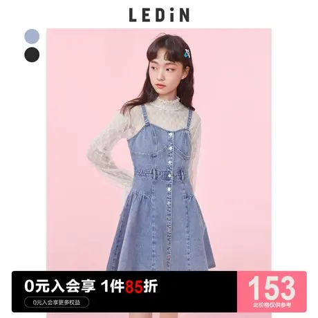 乐町优雅纽扣吊带裙休闲春夏新款女牛仔裙短款收腰连衣裙元气少女图片