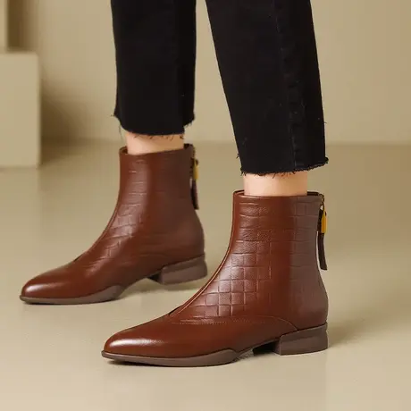 靴子女2023年秋冬新款粗跟小短靴尖头低跟真皮马丁靴复古女式鞋靴商品大图