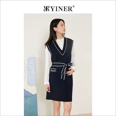 YINER音儿女装春季时尚假两件衬衫撞色连衣裙图片