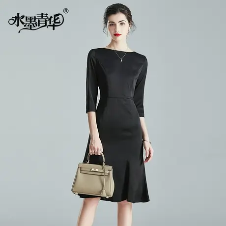 水墨青华春季新品时尚简约修身A字裙气质优雅收腰连衣裙图片
