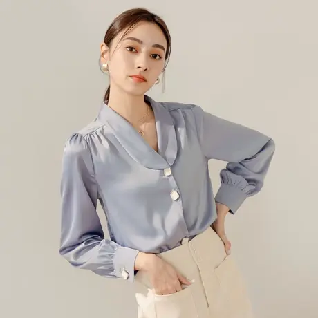 桔熊秋冬季通勤气质微光泽翻领长袖衬衫舒适上衣女装大码AB17966图片