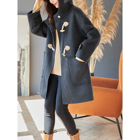 宝诗黎连帽绵羊毛呢子大衣2023冬季新款中长宽松大衣高级毛呢外套商品大图