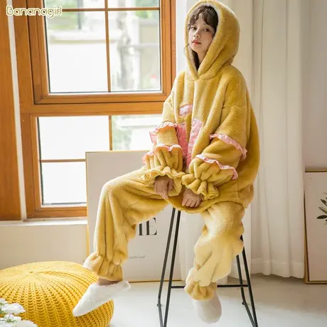 Bananagirl睡衣女秋冬可爱套装保暖加厚情侣睡衣宽松家居服男套装商品大图