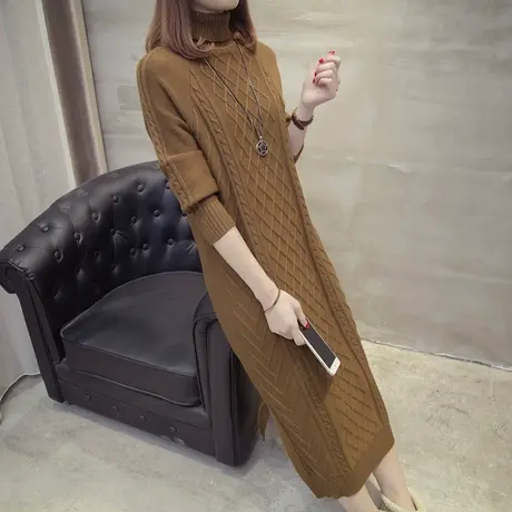 秋冬高领长款连衣裙2025韩版宽松显瘦过膝加厚打底针织毛衣裙女装商品大图