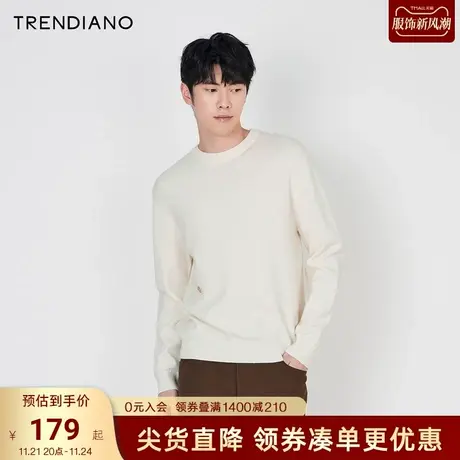TRENDIANO绵羊毛圆领套头针织衫2023秋冬新款金属小标黑色毛衣男商品大图