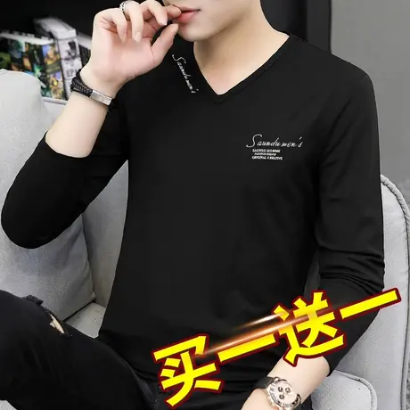 莫代尔春秋款男士长袖t恤V领秋季潮流潮牌内搭打底衫黑色秋衣小衫商品大图