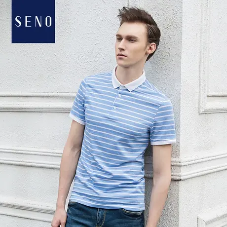 seno横条纹Polo男士时尚短袖商务休闲韩版潮流polo衫蓝色修身商品大图