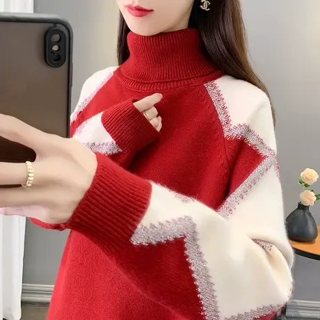2023春装韩版宽松打底套头女时尚高领格子针织衫毛衣上衣长袖加厚商品大图