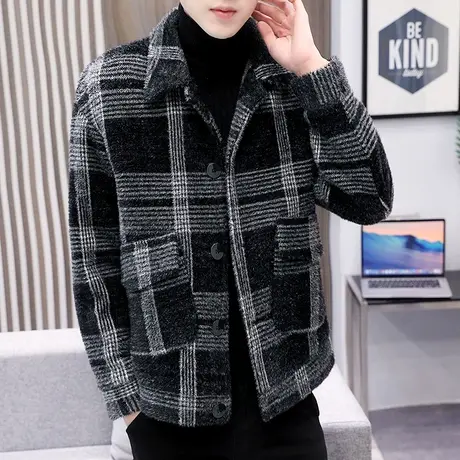 毛呢大衣男士秋冬季加厚仿水貂绒外套保暖冬装皮草短款潮宽松夹克图片