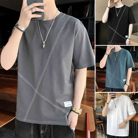 短袖t恤男潮牌潮流夏季2025新款棉感半袖宽松港风ins简约百搭衣服商品大图