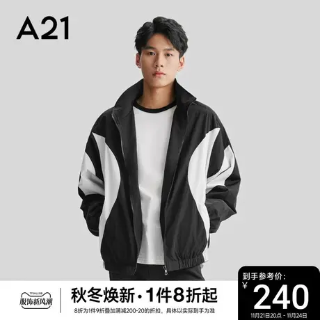A21男装2023秋冬新款立领风衣男士撞色长袖外套宽松男款黑色冬装图片