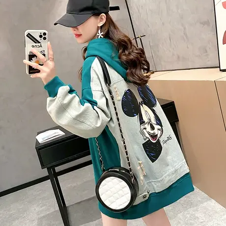 中长款卫衣女春秋假两件2022早春新款宽松韩版拼接连帽牛仔外套潮图片