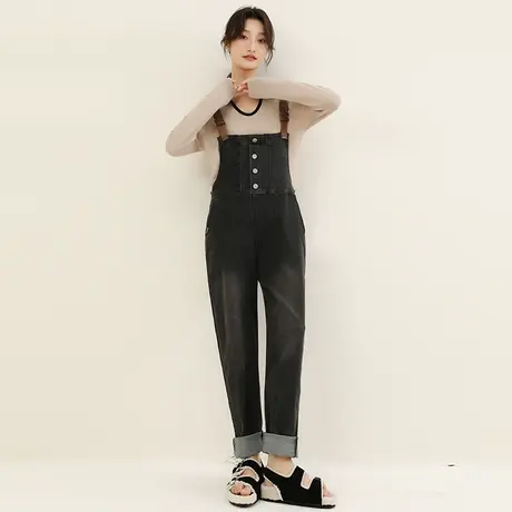 韩潮袭人复古高腰宽松直筒牛仔长裤女2023秋季新款休闲背带裤子图片