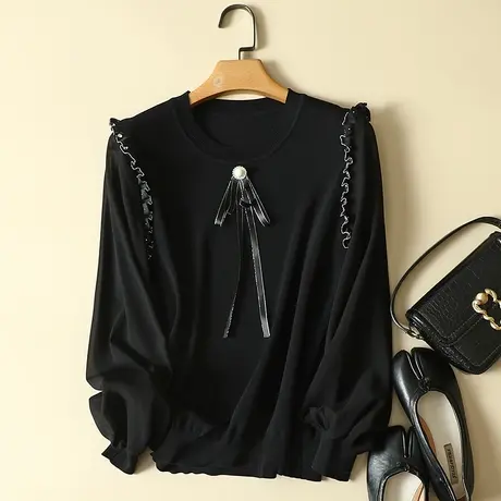 春装2024年新款雪纺袖冰丝针织衫女长袖上衣宽松洋气蕾丝打底衫女图片