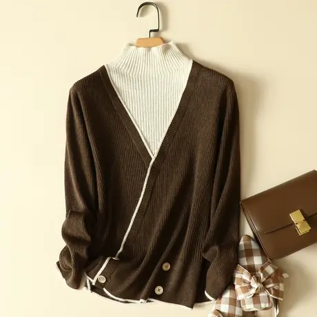 春装新款拼色半高领假两件套头针织衫女士洋气拼接打底衫时尚毛衣商品大图